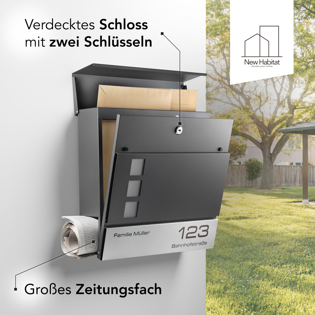Briefkasten London mit Gravur — modernes Edelstahl-Design personalisiert