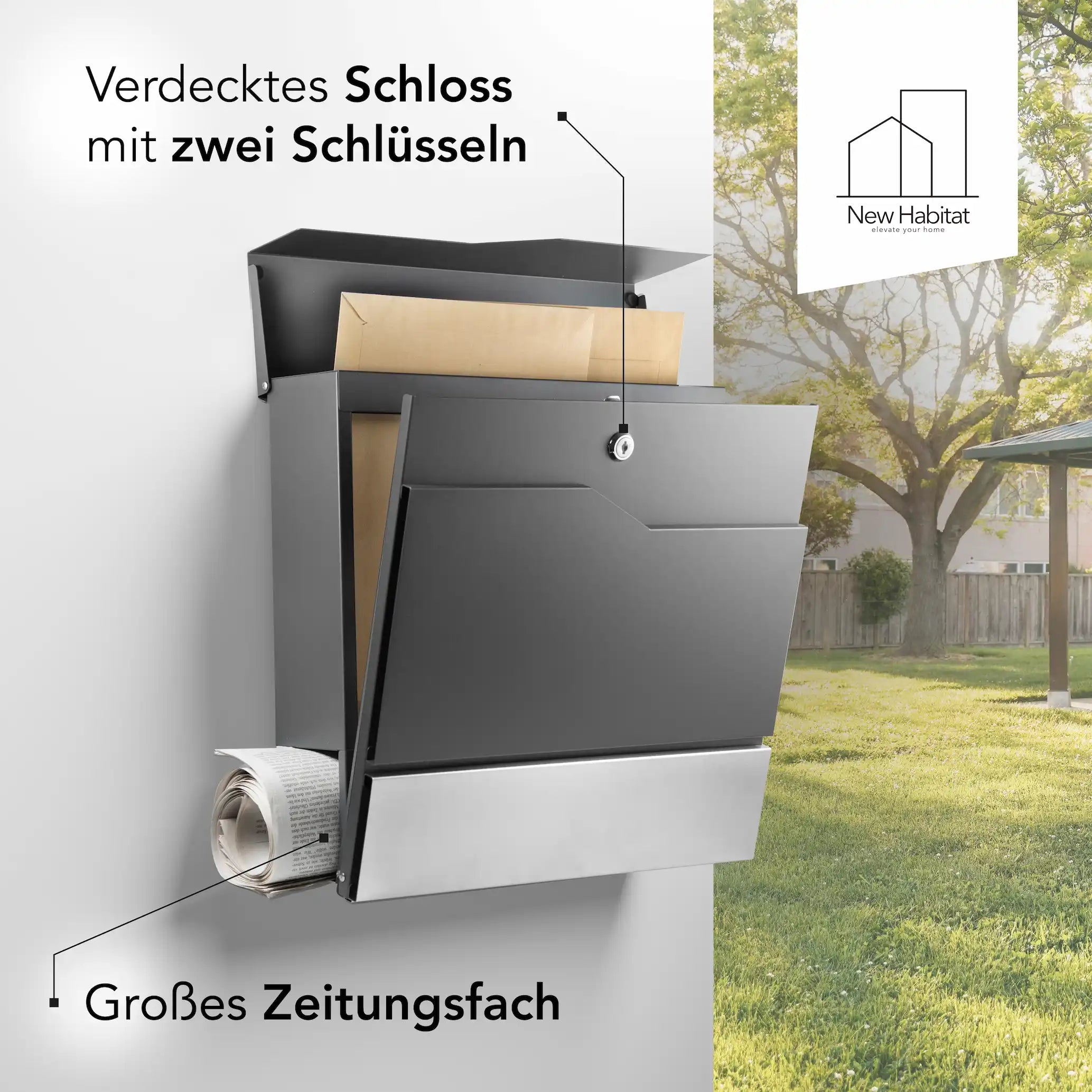 Briefkasten mit großem Zeitungsfach, verdecktem Schloss und zwei Schlüsseln – modernes Design von New Habitat, ideal für Briefe, Zeitungen und Maxiformate